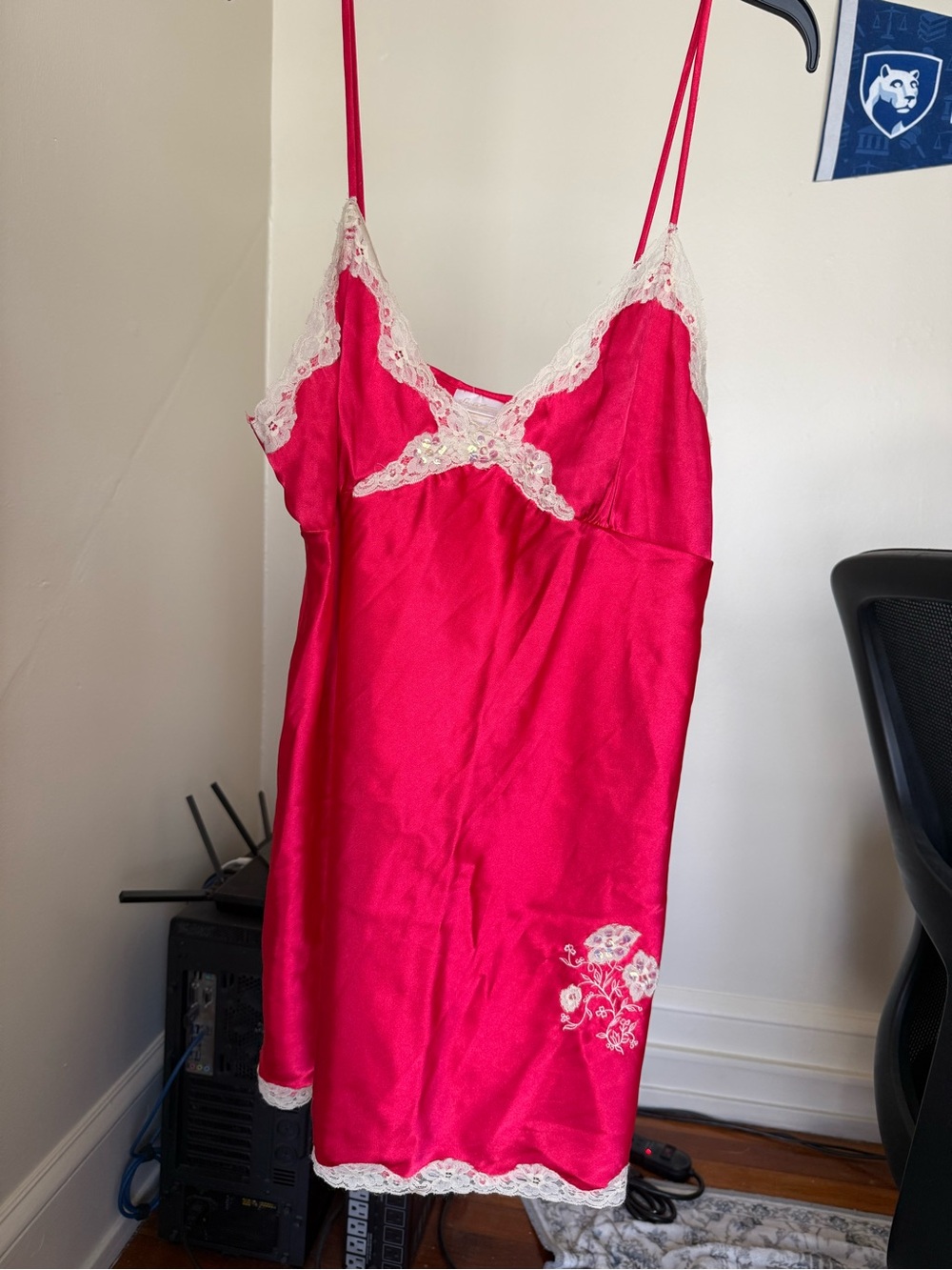 Y2K dreamy satin Secret Treasures slip dress with lace trim and sequins / XL